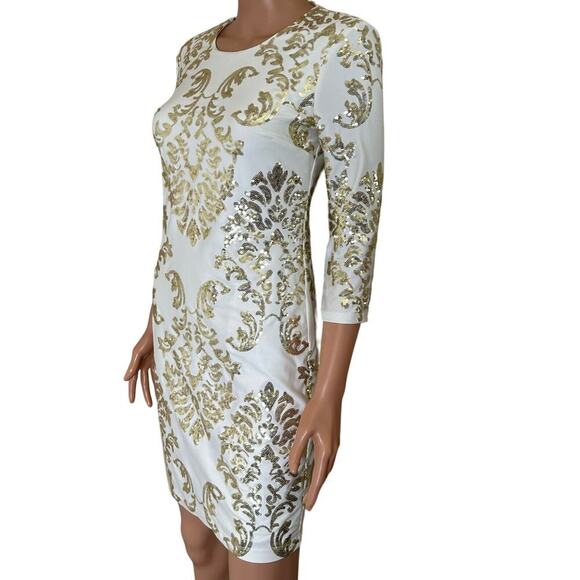 B.Darlin Dress Ivory W/Gold Sequins Lined Cut Out Back Body Con Size 7/8 - Picture 3 of 11
